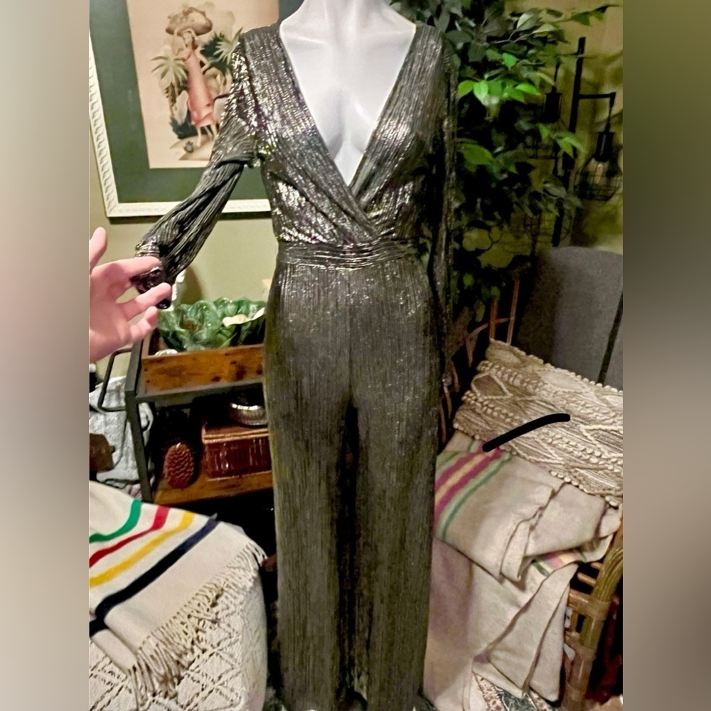 Anthropology Uptown Jumpsuit Elegant Silver Jumpsuit - Picture 2 of 9